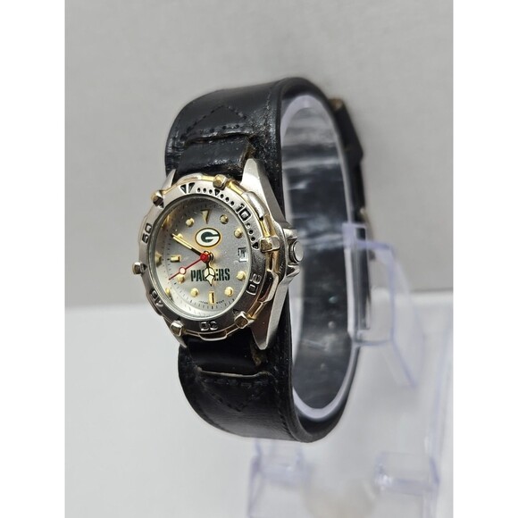 Womens Green Bay Packers Quartz Watch Date Gold Silver Leather Cuff New Battery - Picture 2 of 12